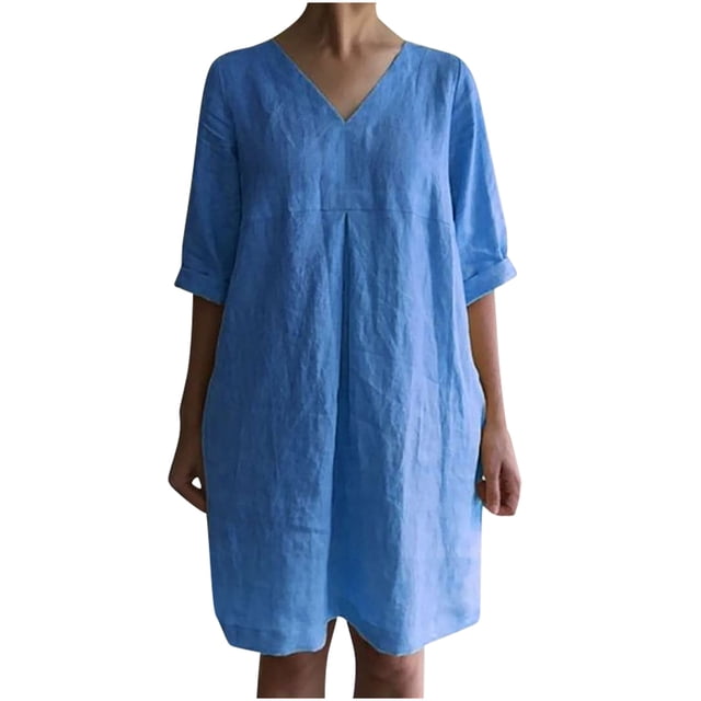 QIPOPIQ Robe Fumée à Volants pour Femmes Dresses Manches Courtes Ample Décontractée Dresses Col en V Robe d'Été Unie Dresses Offres 2023