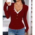 thumbnail image 6 of Women Lace Henley T Shirts Button Down Slim Fit Tops Long Sleeve V-Neck Tunic Top Blouse Wine Red L, 6 of 8