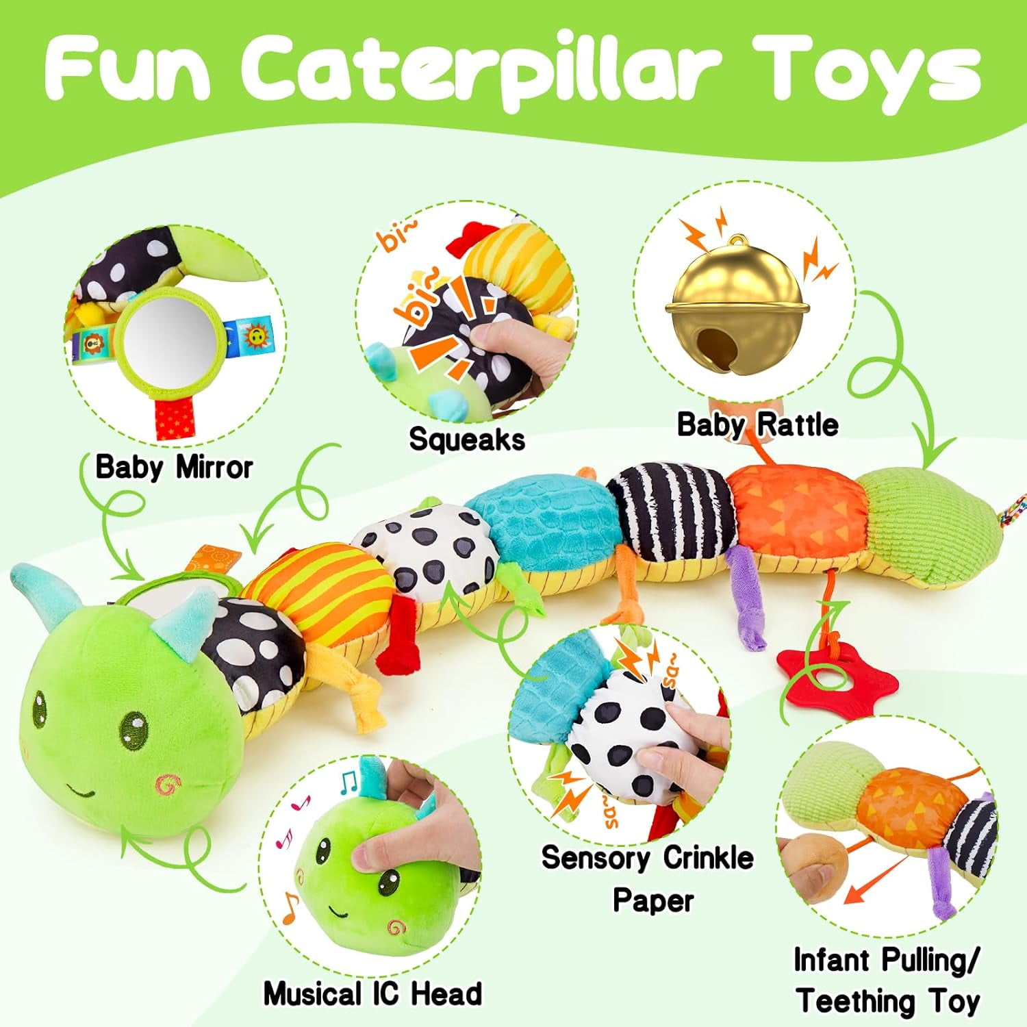 Baby Boy Toys 0-6 Months,Infant Musical Caterpillar Toys Stuffed Animals with Ruler Design,Mirror,Pull String&Ring Bell,Baby Boy Toys 6 to 12 Months,Infant 3 4 5 7 8 9 Months Old Baby Toys