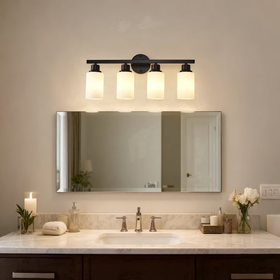 4-Light Matte Black Modern Vanity Light with White Glass Shades, E26 Base