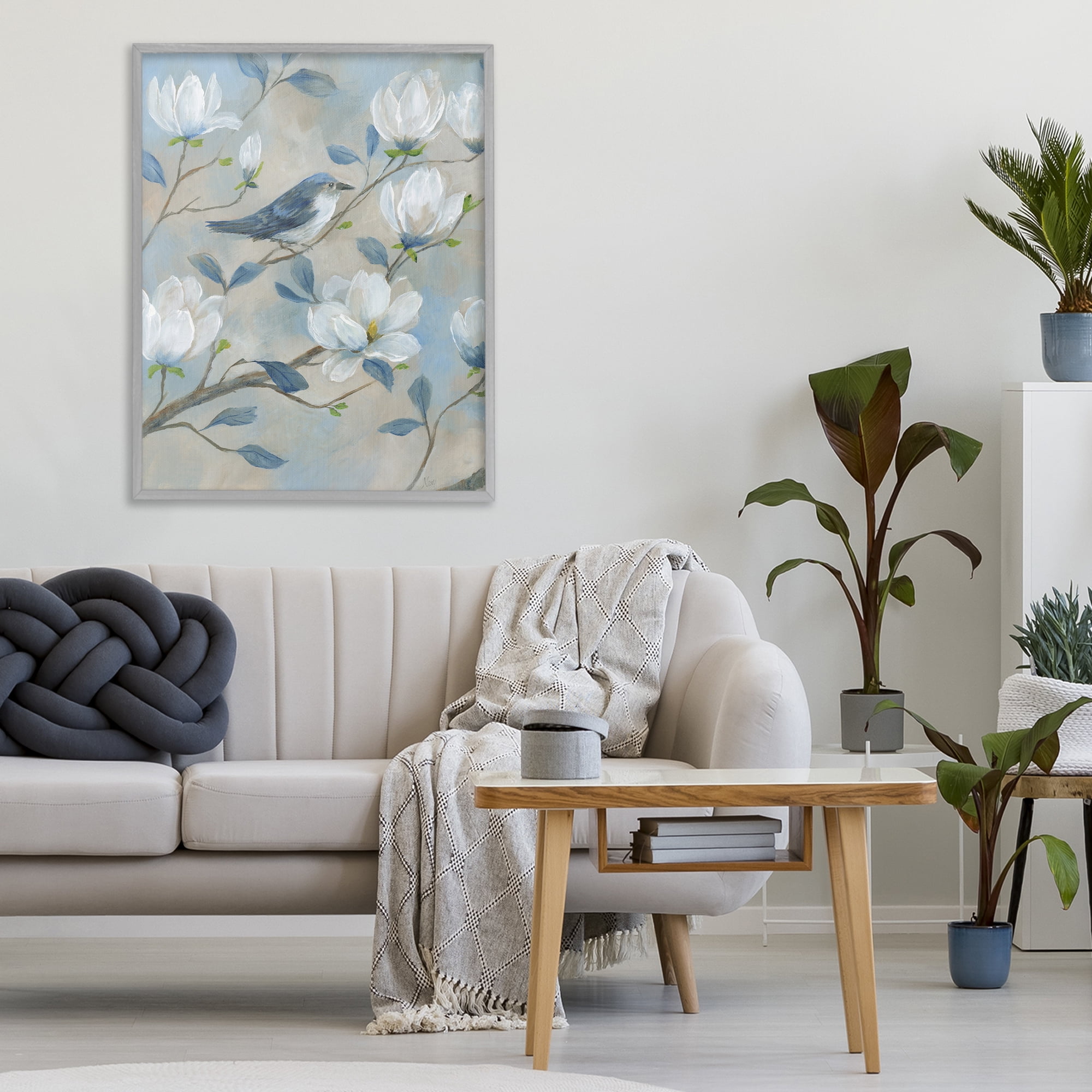 Stupell Industries Blue Bird & Magnolia Gray Framed Giclee Art, design by Nan