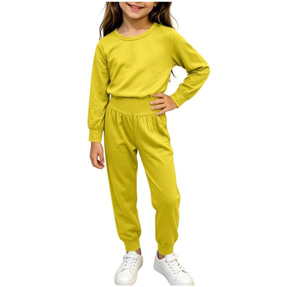 BLVB Toddler Baby Girls Clothes Set Long Sleeve Crewneck T-Shirt and Jogger Pants Little Kids 2PCS Outfits Loungewear(Yellow,2-3 Years)