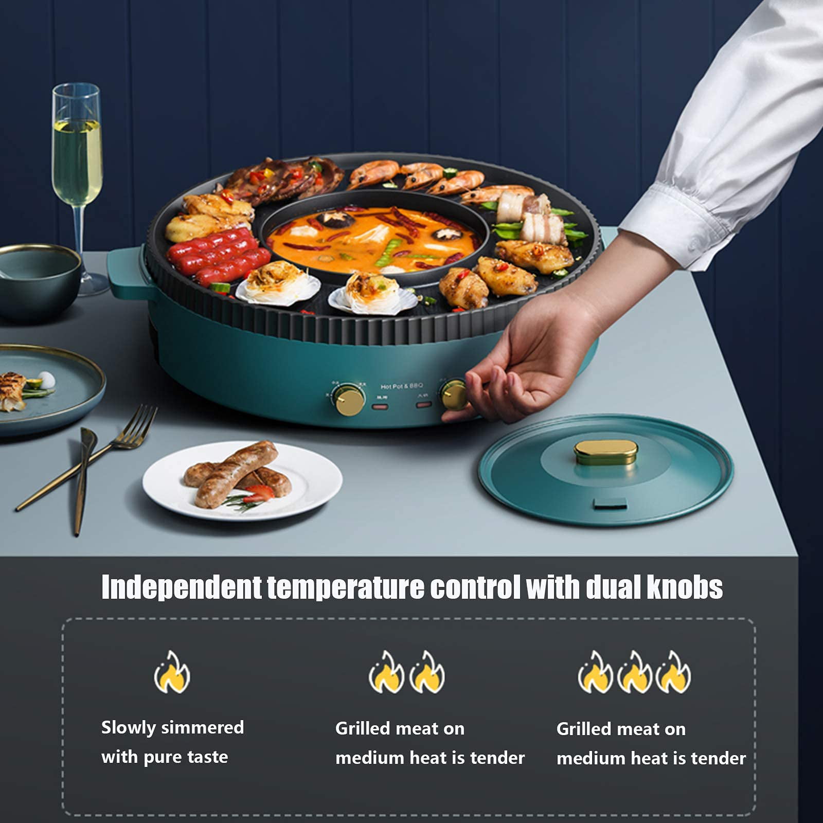 Korean Hot Pot with Grill Pan，Electric Grill Indoor Hot Pot Multifunctional  Non-Stick Ourdoor Korean BBQ Smokeless，Shabu Shabu Pot with Divider 