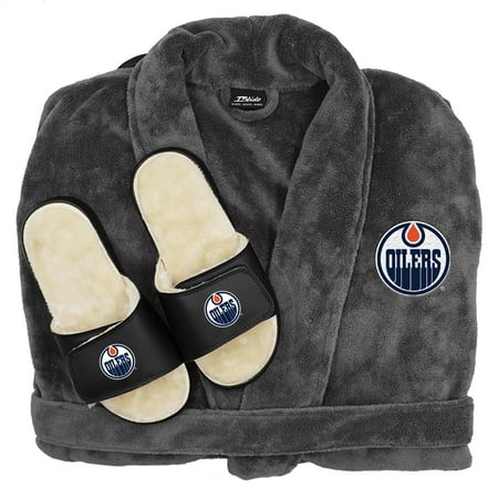 

ISlide Gray Edmonton Oilers Faux Fur Slide Sandals & Robe Bundle