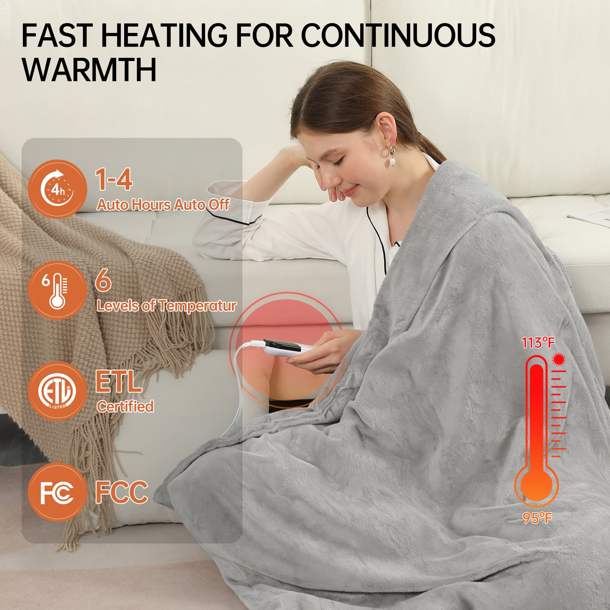 TRUSTWARMTH Electric Heated Blanket Twin Size 62"x84" with 6 Heating Levels 10 Hours Auto off Fast Heating Over-Heated Protection Ultra Soft Warm Flannel ETL Certified,Warm Gifts, Light Gray