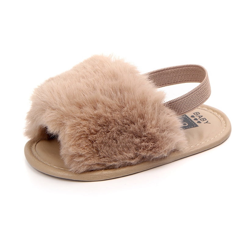 Baby Girl Faux Fur Slides Slippers Fluffy Fuzzy Sandals Open Toe Furry Slide  Flip Non-Slip Sole 0-18 Months 
