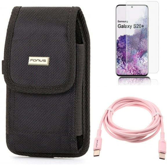 Pink 6ft Long Cable w Case Belt Clip w Screen Protector for Samsung Galaxy S20 Plus - USB-C to Type-C PD Fast Charger Cord, Swivel Holster Rugged, Tempered Glass [Fingerprint fits Galaxy S20 Plus