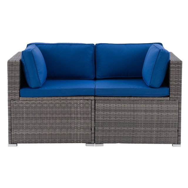 CorLiving Parksville 2-Piece Resin Wicker Rattan and Galvanized Steel Outdoor Loveseat with Cushions, Blended Grey/Blue