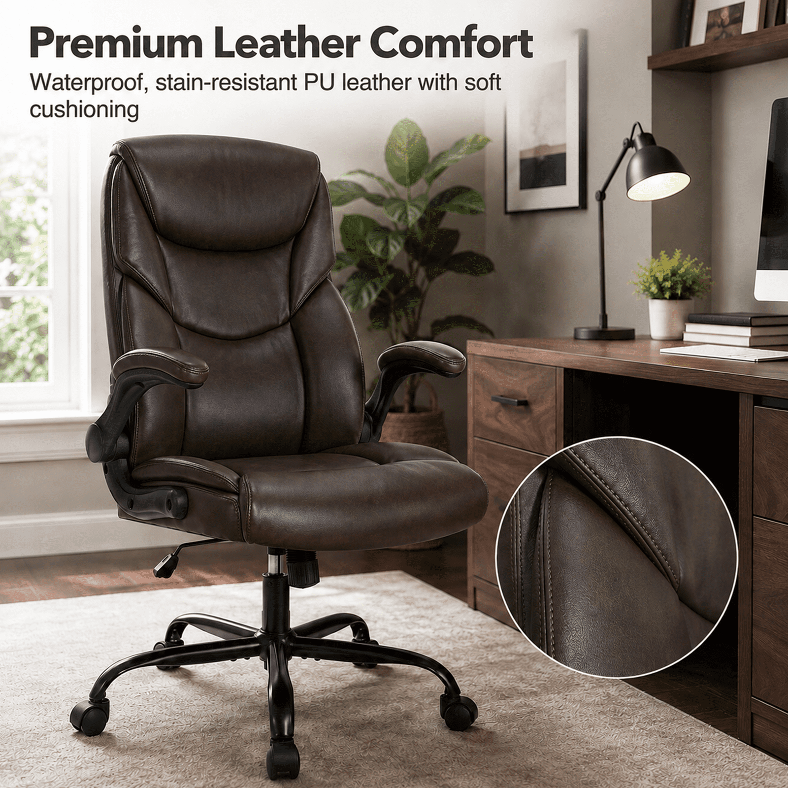 Alvantor PU Leather Executive Office Chair, Ergonomic Big and Tall Computer Desk Chairs, Breathable Leather Chair with Adjustable Flip-up Armrests, Adjustable Lumbar Support, Heavy Duty 300lbs