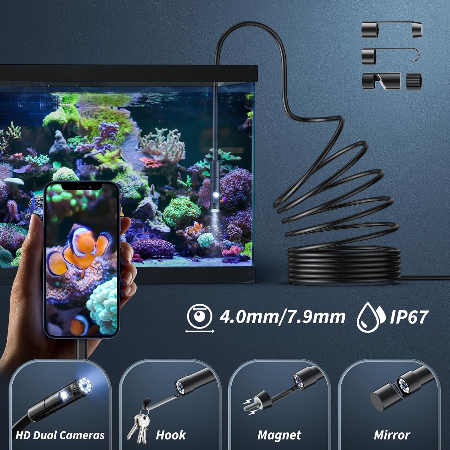Dual-Lens Endoscope Camera with Light, 1920P HD Borescope Tools with 8 Adjustable LED Lights, Endoscope with 16.4ft Semi-Rigid Snake Camera, 8mm IP67 Waterproof Inspection Camera for iOS and Android