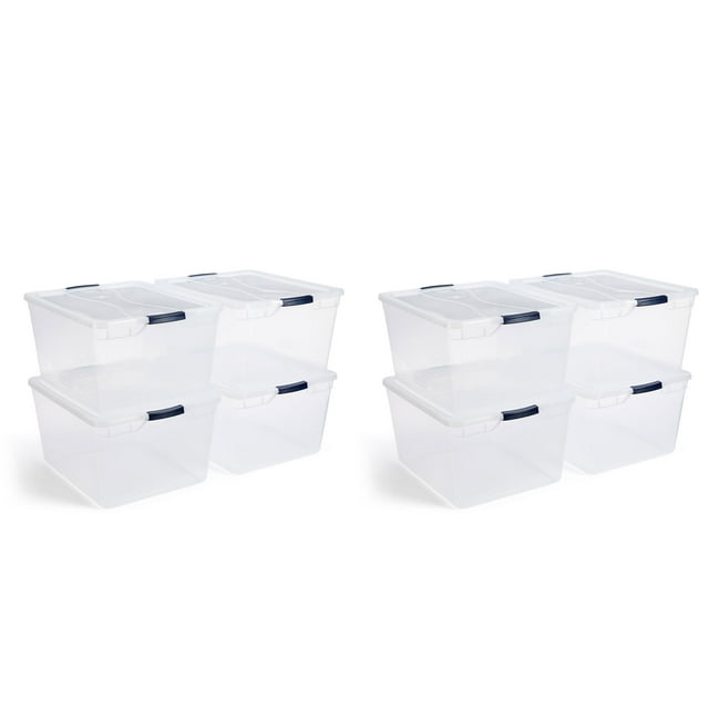 Rubbermaid Cleverstore 74 Qt Latching Plastic Storage Container (8 Pack) with clear sides and lids for easy visibility of contents. Each container features a recessed lid for secure stacking and latching handles to keep items dry and dust-free. Perfect for organizing seasonal clothing, holiday decorations, office supplies, sports equipment, and pet supplies.