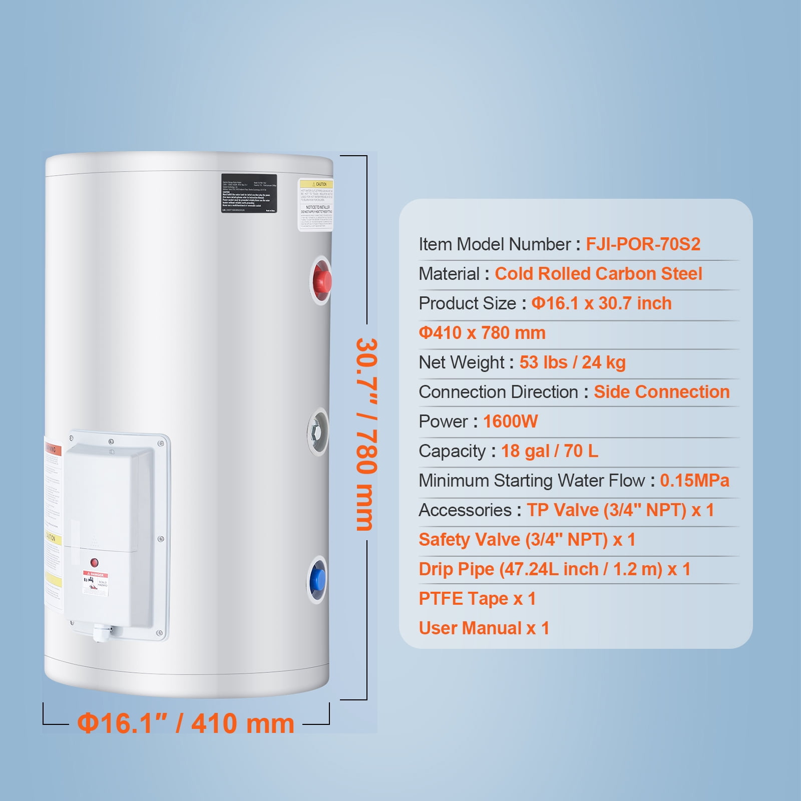 KFFKFF Powered Water Warmer, 18 Gallon Capacity Instantaneous Water Warming Unit, 1.6Kw Tank-Free Water Warming Device with LED Indicator, Dial Regulation, IPX4 Water-Resistant Lateral Connection