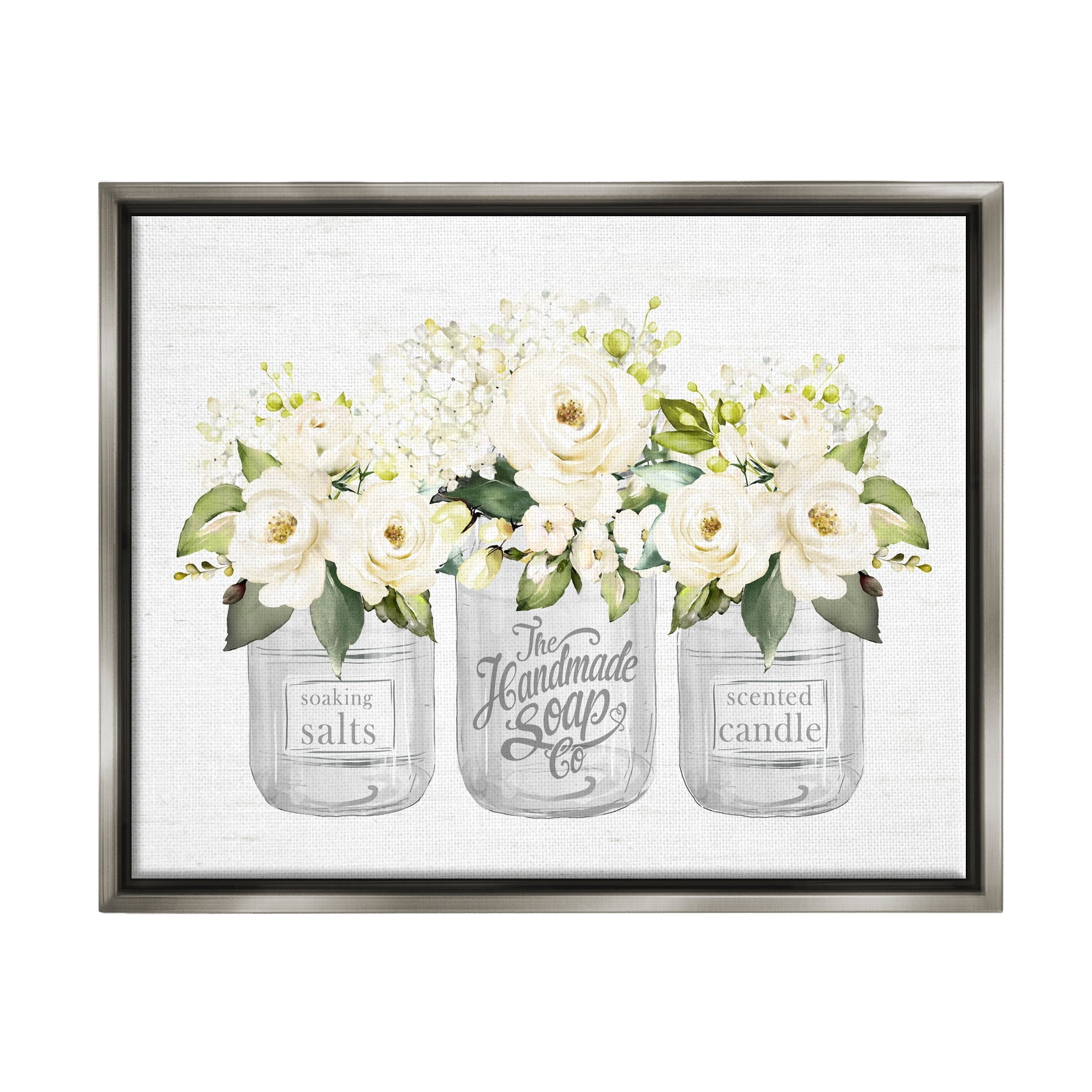 Stupell Industries White Roses Blooming Country Rustic Candle Jars Graphic Art Luster Gray Floating Framed Canvas Print Wall Art, Design by Lettered and Lined