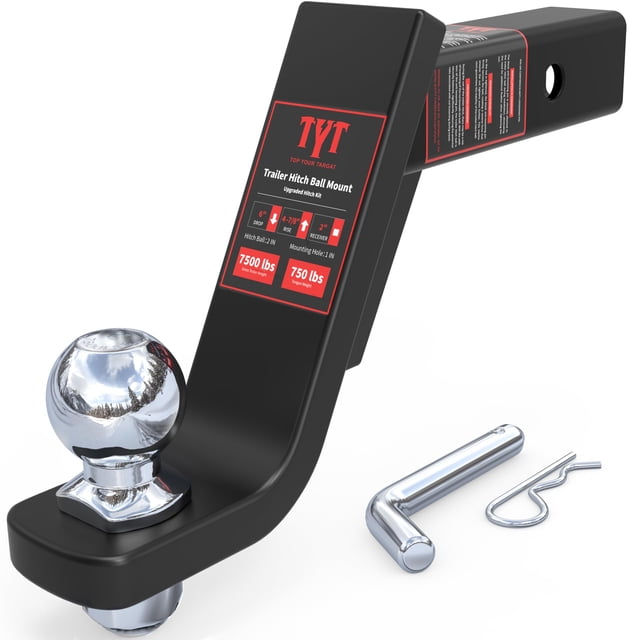 TYT Trailer Hitch Ball Mount Kit, 6-Inch Drop, Fits 2-Inch Receiver, 2-Inch Trailer Ball with 5/8" Hitch Pin Clip, Rated 7,500 lbs GTW / 750 lbs TW