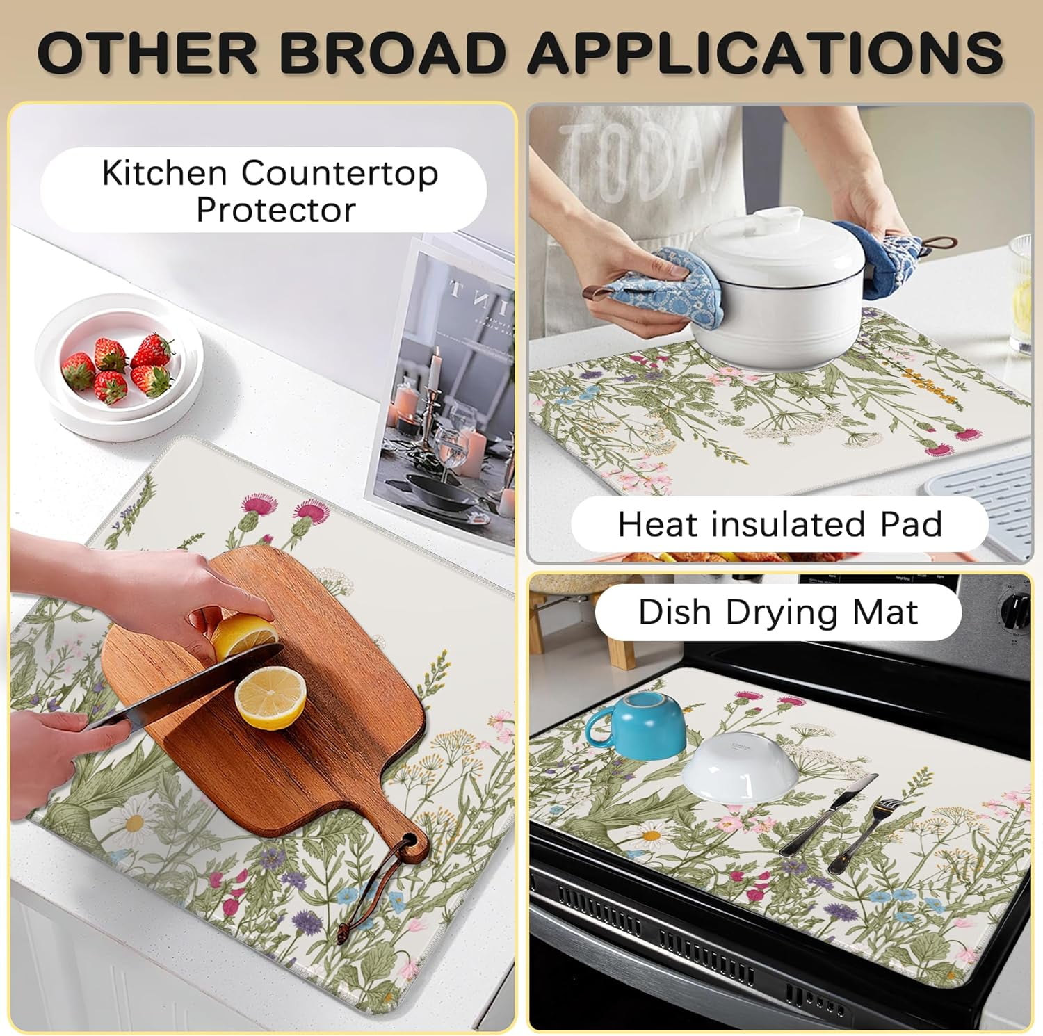Electric Stove Top Cover Protector \u2013Christmas Kitchen Decor Herbs and Wilds Flowers Glass Flat Top Stove Mat Oven Induction Cooktop Mat for Ceramic Countertop Mats Heat-Resistant Dish Drying Mat