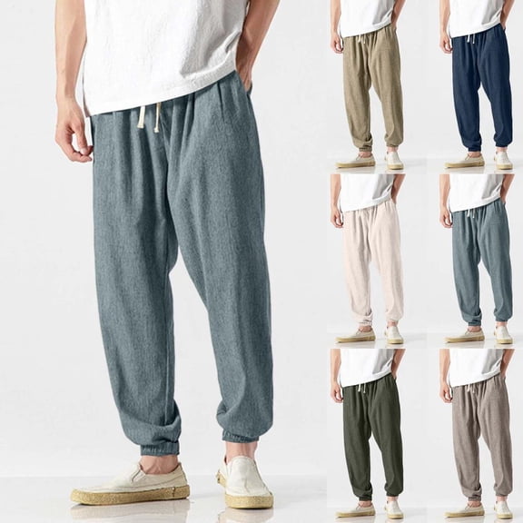 BXSRUTA Men's Elastic Waistband Casual Pants With Pockets Comfort Fit Tapered Full Length Polyester Lounge Trousers
