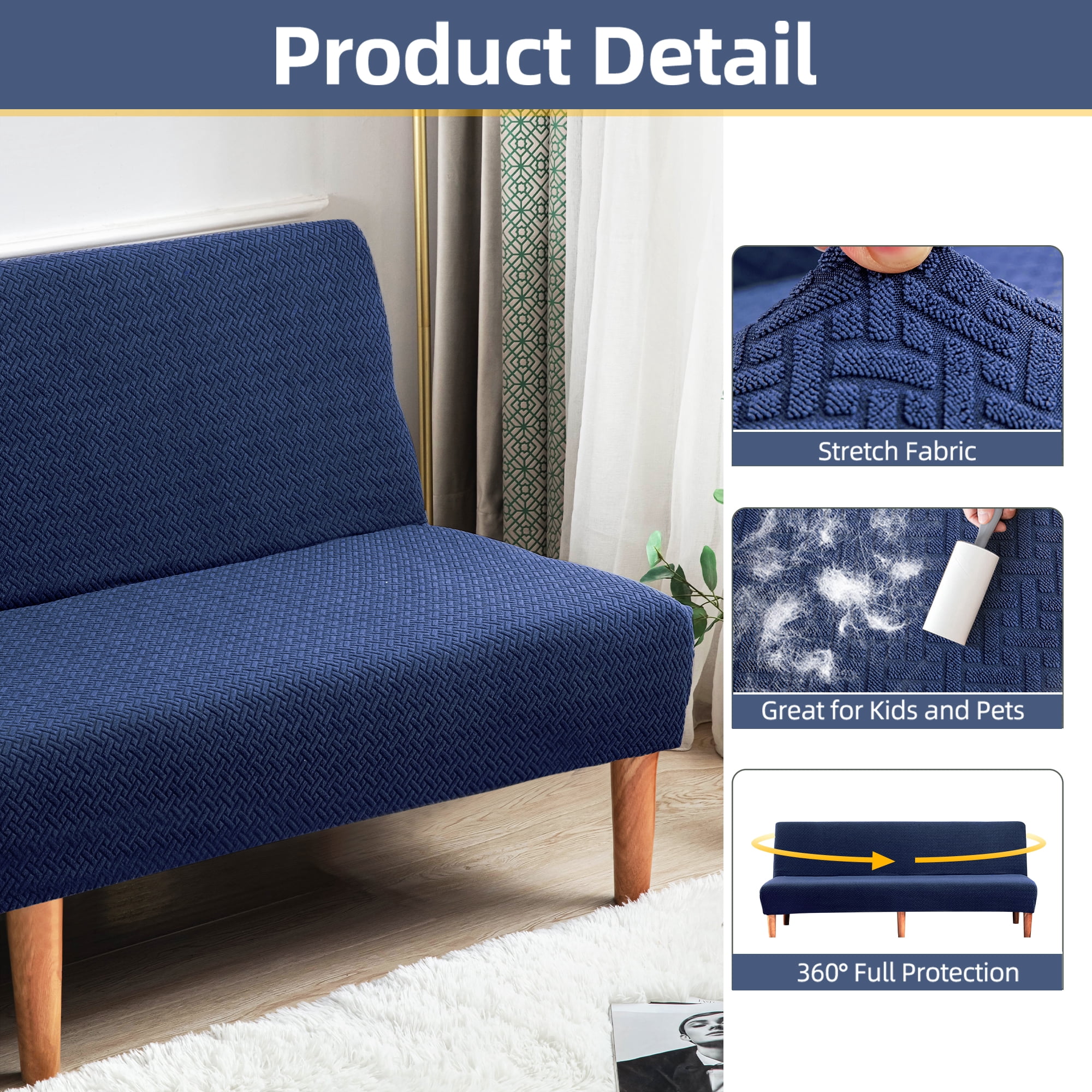 100% Waterproof Futon Cover, Leakproof Armless Sofa Slipcover, Stretch Jacquard Sofa Bed Cover Full Folding, Couch Furniture Protector for Kids, Pets, Dog and Cat (Medium, Navy)