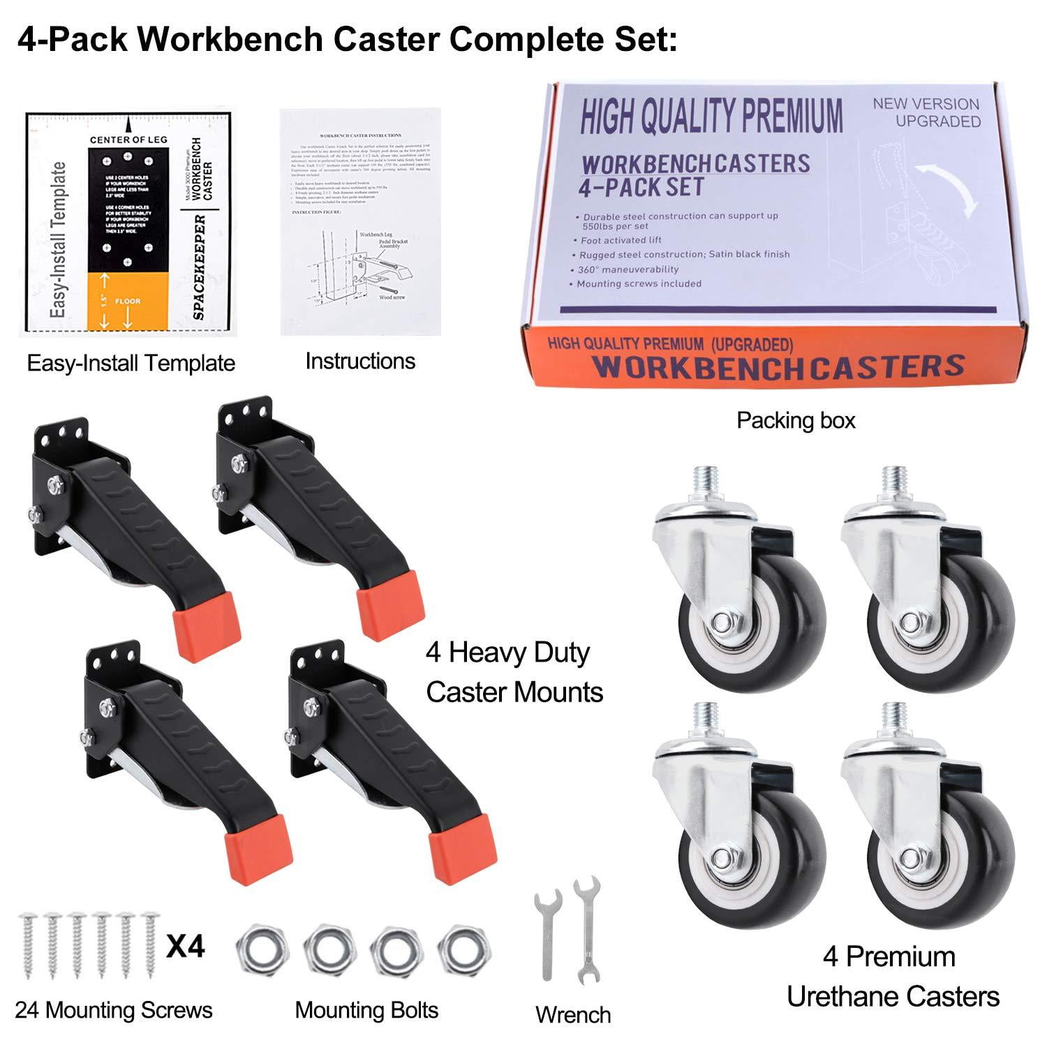 4 Heavy Duty Retractable Caster Whee SPACEKEEPER Workbench Casters kit 660 Lbs 