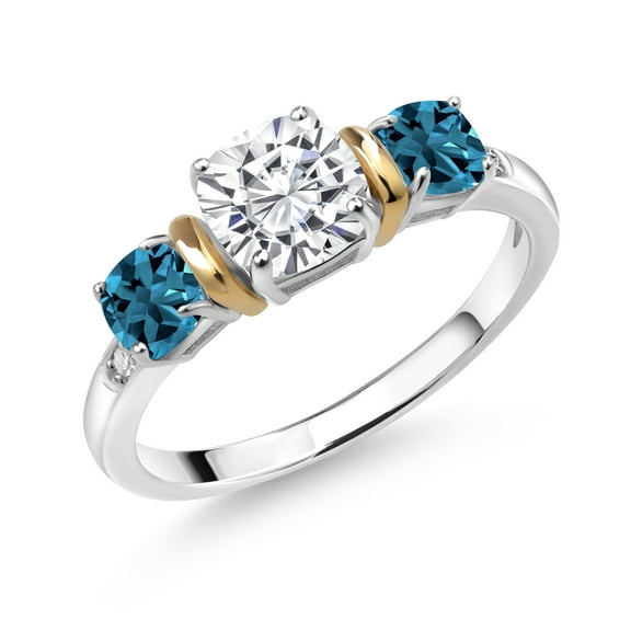 Gem Stone King 925 Silver and 10K Yellow Gold London Blue Topaz Diamond 3-Stone Ring Set with Moissanite (1.83 Cttw) (Size 6)