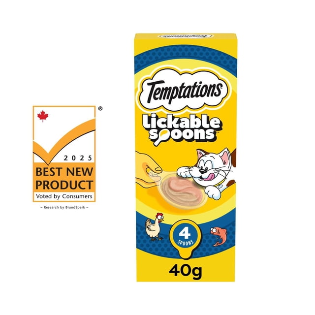TEMPTATIONS LICKABLE SPOONS Adult Cat Treats Tasty Chicken & Savoury Salmon Flavour 4 Spoons