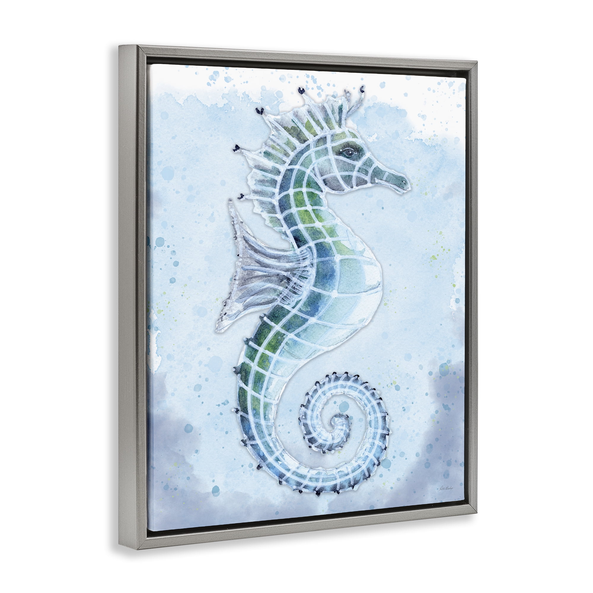 Stupell Industries Stained Glass Seahorse Nautical & Beach Painting Gray Floater Framed Canvas Art Print Wall Art, 25 x 31