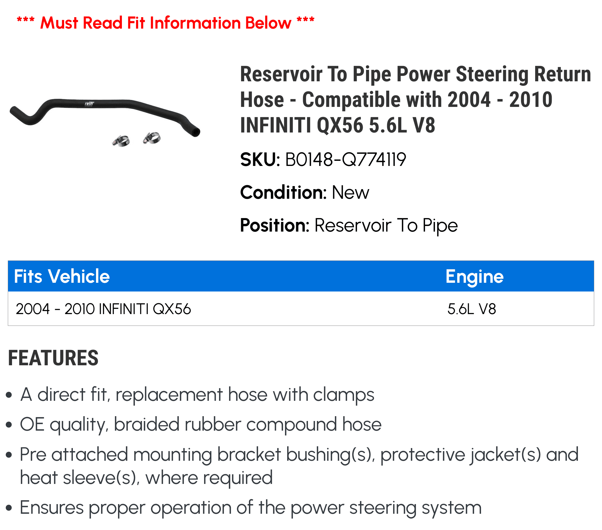 Reservoir To Line Power Steering Return Hose - Compatible with 2004 - 2010 INFINITI QX56 5.6L V8 2005 2006 2007 2008 2009