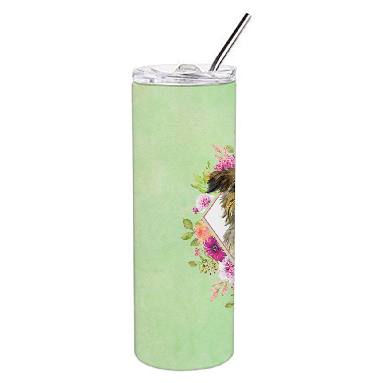 Brussels Griffon Green Flowers Double Walled Stainless Steel 20 oz Skinny Tumbler