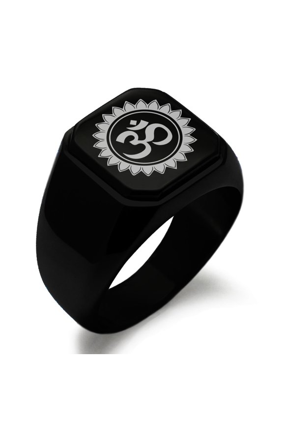 Stainless Steel Sacred Lotus Sanskrit Om Engraved Square Flat Top Biker Style Polished Signet Ring