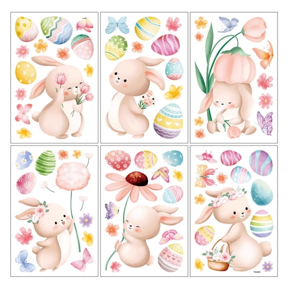 Easter Bunny Wall Stickers 6 PC Window Stickers Removable Vinyl Decals for Living Room DIY Art Decorations with Egg and Flower Patterns 01-