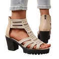 thumbnail image 4 of PiGOGI Women Solid Color Rhinestone Open Toe Back Zipper High Heeled Sandals Thick Heel Summer Gold, 4 of 9