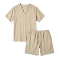 thumbnail image 4 of BLTIBY Mens Summer Linen 2 Piece Outfits V Neck Short Sleeve T-Shirts and Drawstring Shorts Casual Loose Beach Loungewear with Pockets Khaki XL, 4 of 9