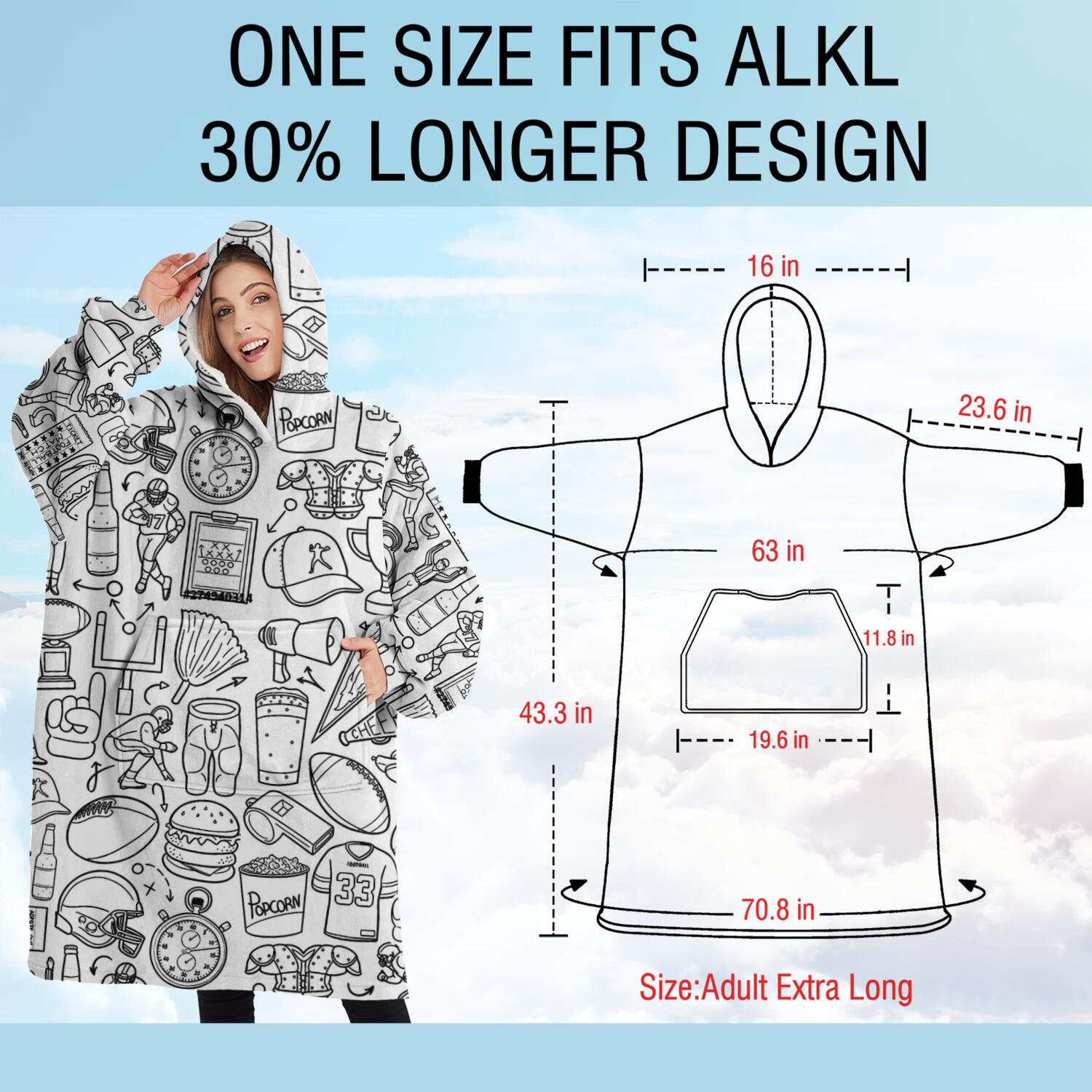 Oversized Wearable Blanket Hoodie,Football Icons Pattern Sherpa Blanket Hoodie with Super Pockets,Super Warm Fuzzy Pullover for Women & Men