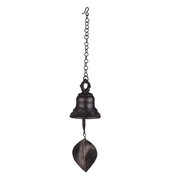 Campana colgante de bronce antiguo, diseño con hojas, sonido melodioso, ideal para decoración de hogar, jardín o regalo. Incluye gancho para colgar fácilmente. Tamaño pequeño (6.5 cm de diámetro).