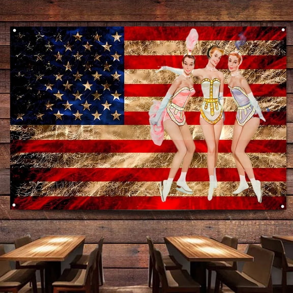Vintage American Flag Pin Up Girl Art Poster & Prints 38" x 57" Hanging Banner Home Decor