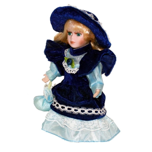 Muñeca de cerámica de estilo vintage de 20 cm, muñecas de porcelana, vestido, decoración de escritorio, Azul