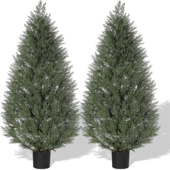 4 Ft Artificial Topiary Trees for Outdoors, Outdoor Artificial Cedar Tree Set of 2, Faux Evergreen Fake Pine Cypress Trees Plant, Uv Resistant Faux Cedar Trees for Front Porch Door, Indoor, Outdoor