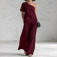 thumbnail image 2 of VBVC Women's One Shoulder 2 Piece Pants Sets , Elegant Vacation Loose Matching Outfits For Women , Ladies' Short Sleeve Suit Sets with Pockets,Wine,S-2XL, 2 of 6
