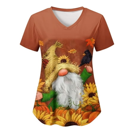 

Xutthjh Women Scrubs Top Casual V-Neck Thanksgiving Day Printed Short Sleeve Work Shirt Pocket Top