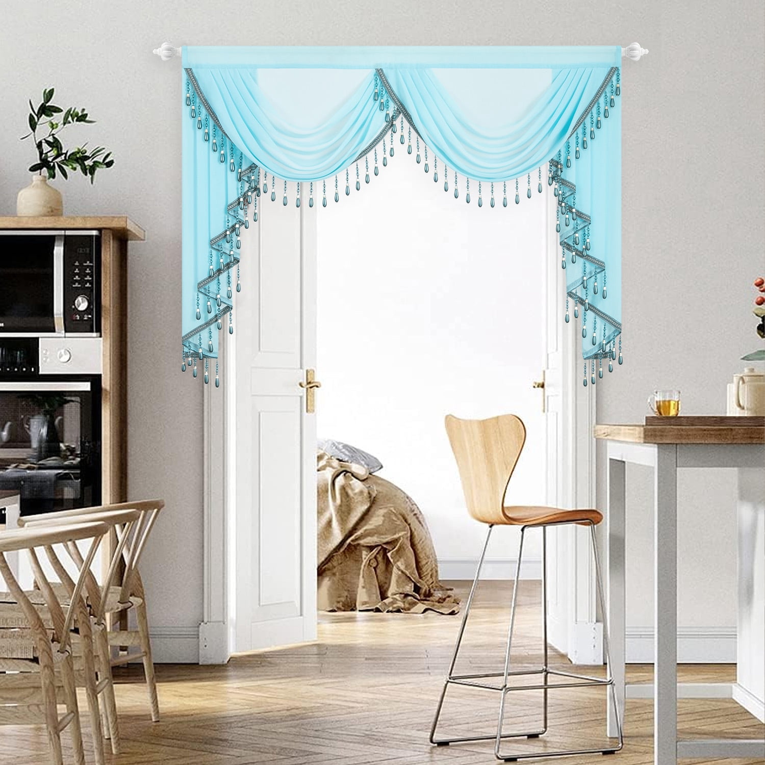 VOGOL Sheer Window Curtains Valance, 1 Panel Retro Style Drapes for Living Room with 2 Swags, Luxury Waterfall Valances for Home Wedding Party, 59 inches Wide, Light Blue
