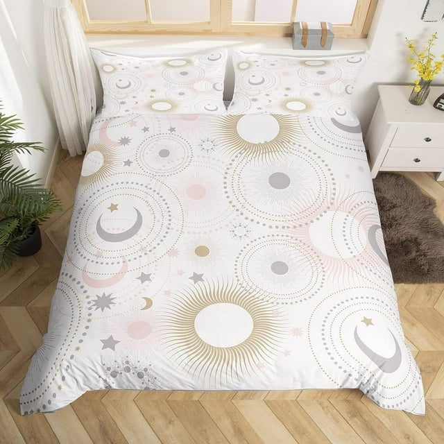 Luna Juego de Cama Twin,Rosa Dorado Gris Brillante Planetas Funda Nórdica para Niños