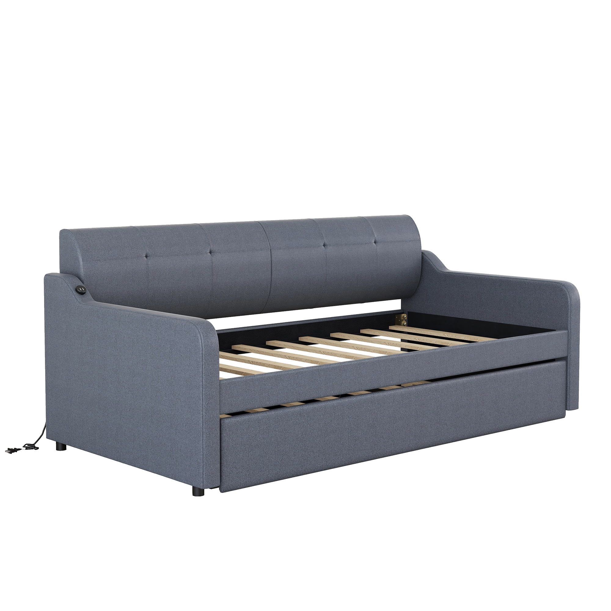EUROCO Wood Twin Size Daybed with Trundle, Solid Wood Sofa Bed with USB Charging for Kids Teens Adults, Gray