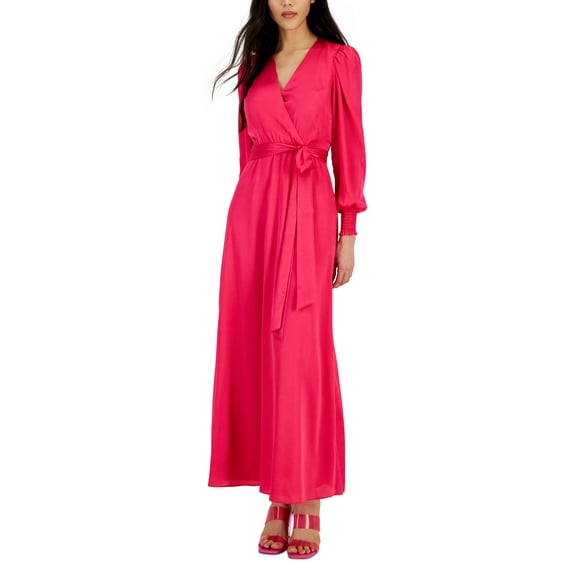Inc International Concepts Womens Surplice-Neck Smocked-Cuff Maxi Dress Electric Pink 14