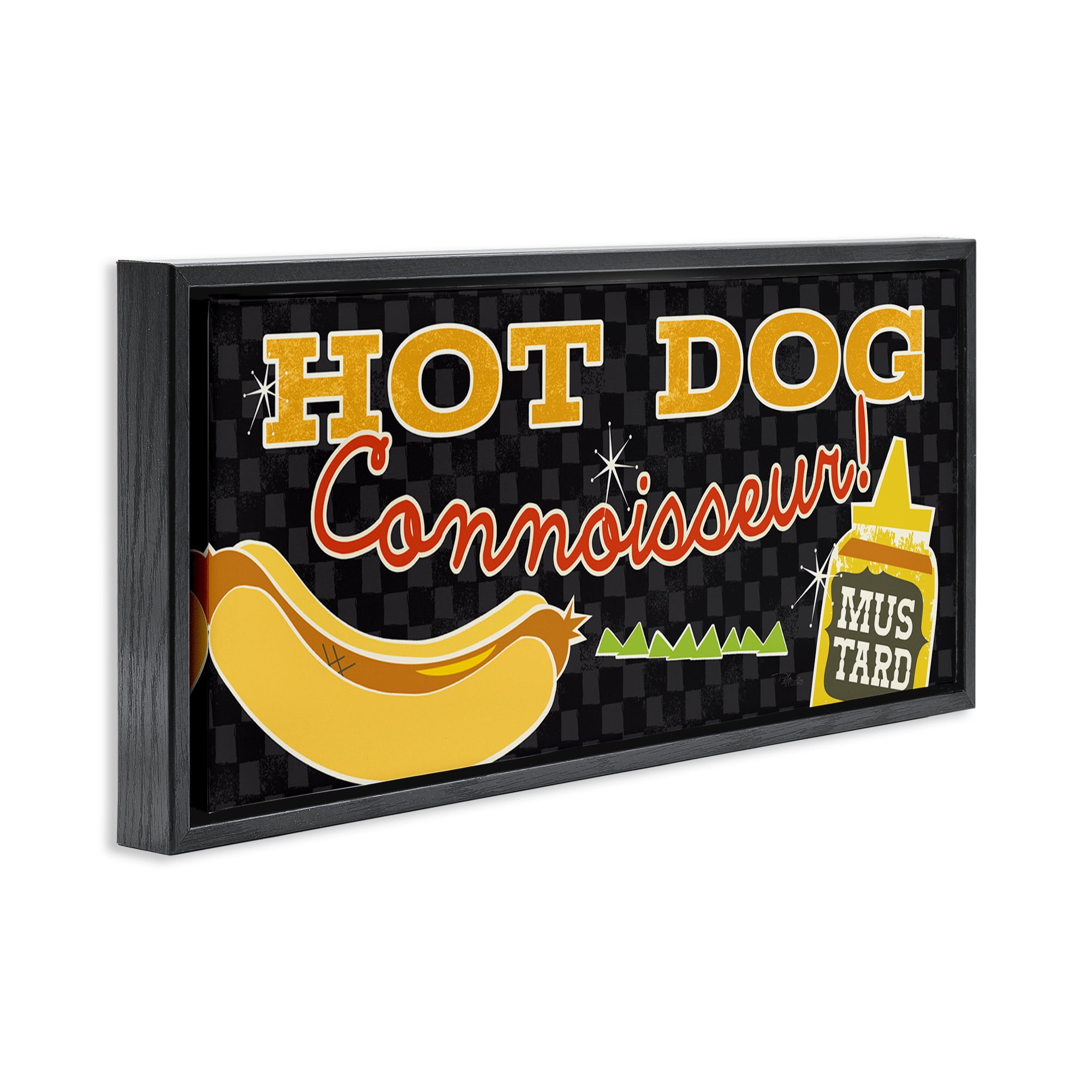 Stupell Industries Hot Dog Connoisseur Food & Beverage Painting Black Floater Framed Canvas Art Print Wall Art, 25 x 11