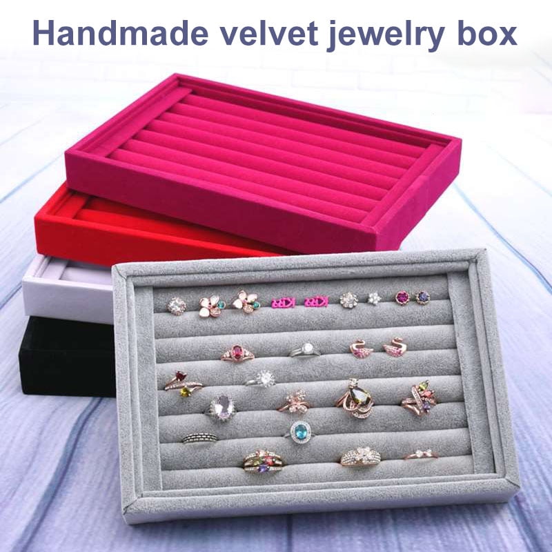Velvet Jewelry Organizer Wood Display Box Tray Holder Earring Ring Storage Case 