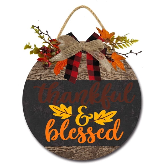 Eveokoki 11" Thankful Blessed Wooden Door Sign, Welcome Front Door Plaque Hanger Home Decoration for Farmhouse Office Coffee Shop,Hanging Sign Board with Hanging String for Home Decor