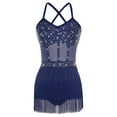thumbnail image 3 of Doomiva Womens Latin Dance Leotard Dress Rhinestone Sheer Mesh Tassel Fringe One Piece Bodysuit Dancewear Navy Blue S, 3 of 5