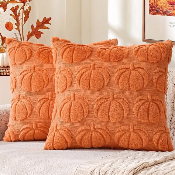 decorUhome Fall Throw Pillow Covers 18x18 Pack of 2, Soft Plush Faux Wool Couch Pillow Covers, Orange (Pillow Cover Only, No Inserts Included)
