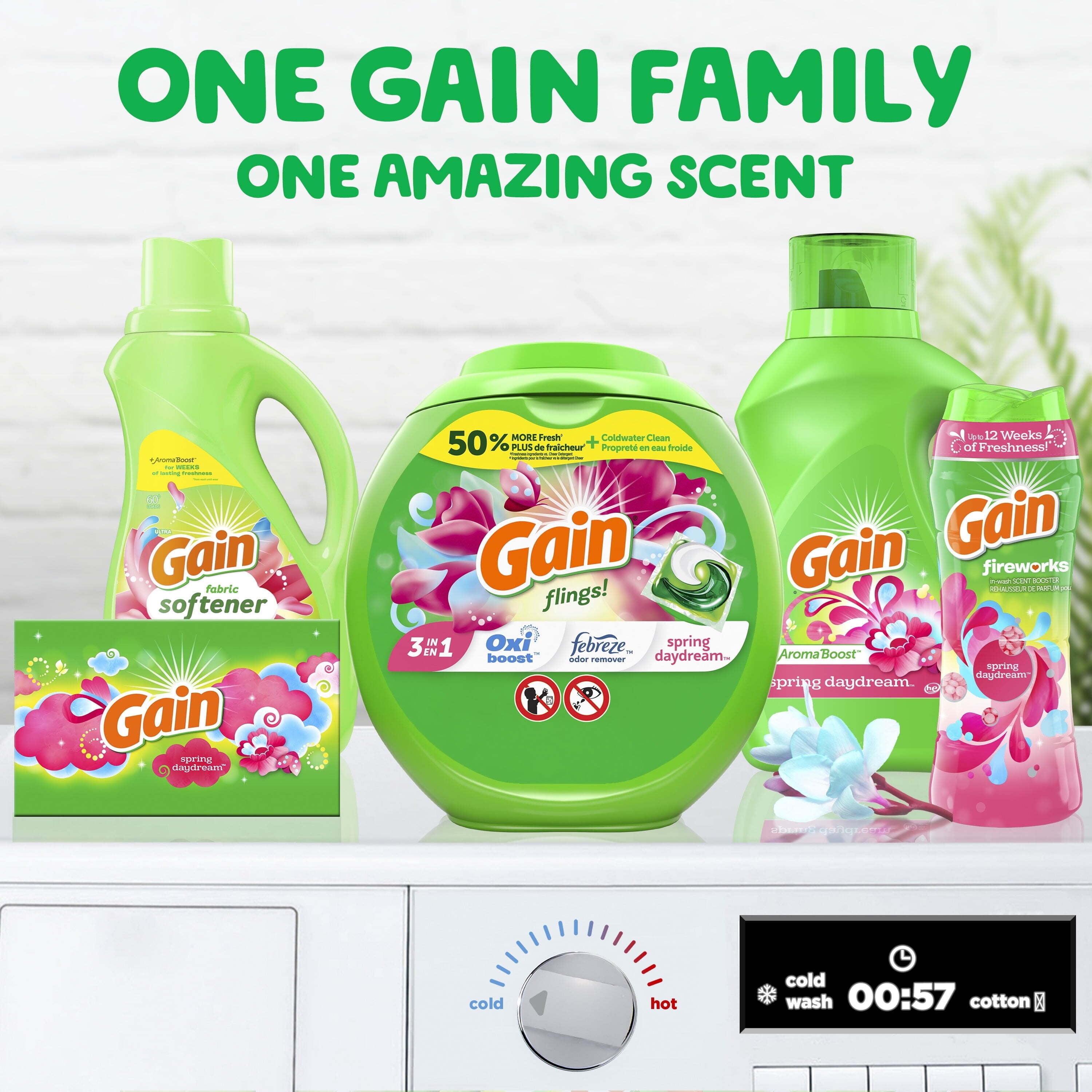 Gain Flings Liquid Laundry Detergent Pacs, Spring Daydream Scent, 60 Ct