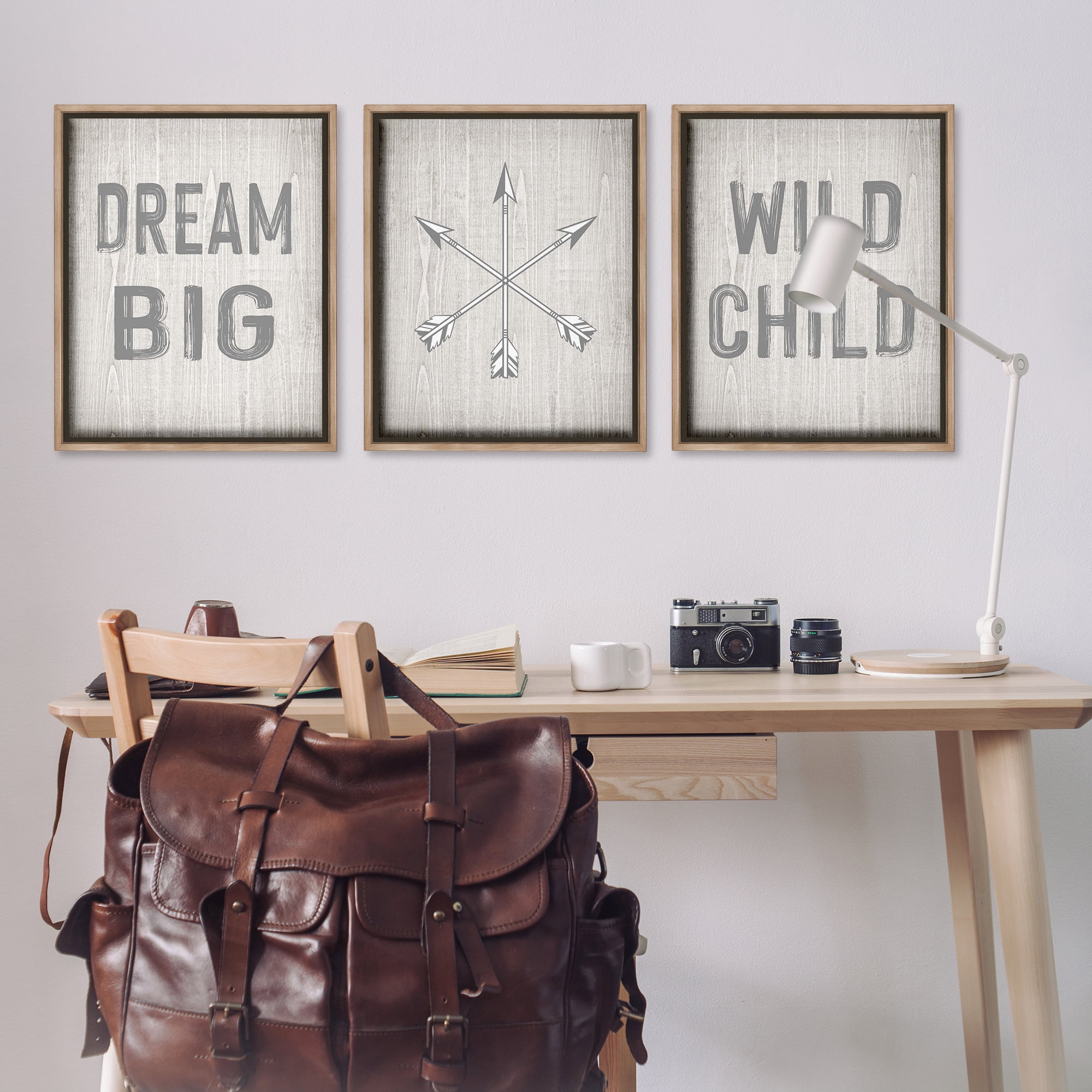Stupell Industries Dream Big Boho Arrows Text & Numbers Painting Brown Floater Framed Canvas Art Print Wall Art, 25 x 31, Set of 3