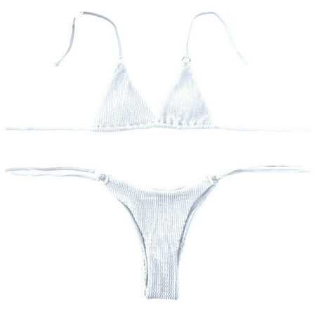 JIANJIA Womens Swimsuits Solid Color Sexy Lace Up Halter Backless Brassiere With Thongs Split Swimsuit Two Piece Bikinis Swimwears Beachwear  White S
